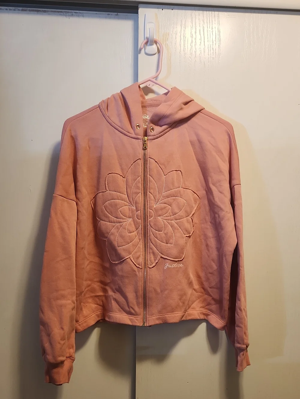 Justice Dusty Pink Floral Stitch Zip Hoodie